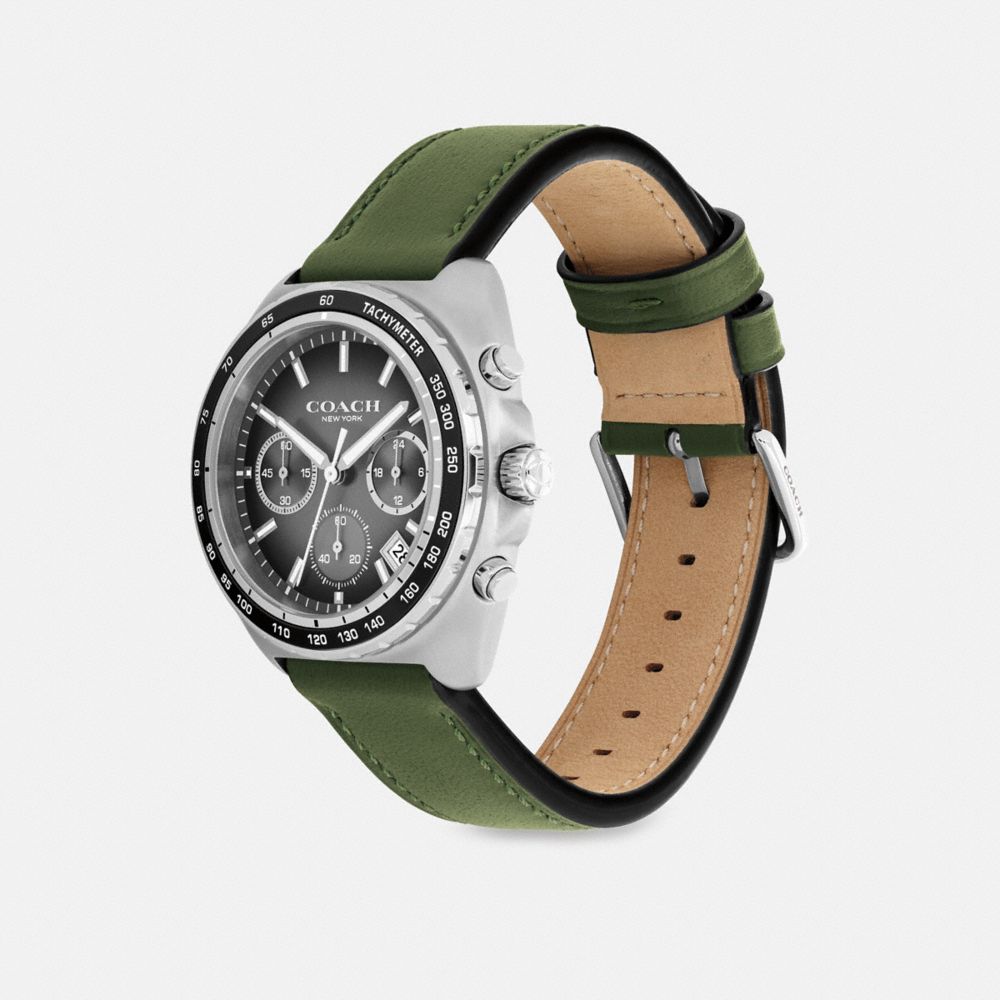 COACH®,Charter Chronograph Watch, 39 Mm,Analog,Mineral,Leather,Word Embellishment,Logo,Water Resistant,Stainless Steel,Casual,Olive,Angle View