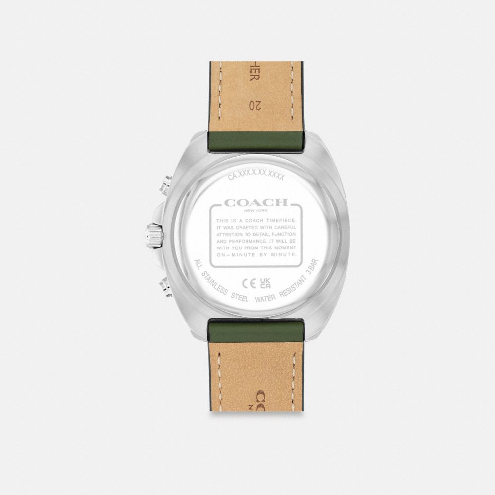 COACH®,Charter Chronograph Watch, 39 Mm,Analog,Mineral,Leather,Word Embellishment,Logo,Water Resistant,Stainless Steel,Casual,Olive,Back View
