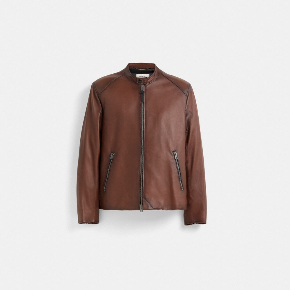 COACH®,Restored Leather Racer Jacket,Leather,Leather,Zipper,Sustainable,Casual,Brown,Front View
