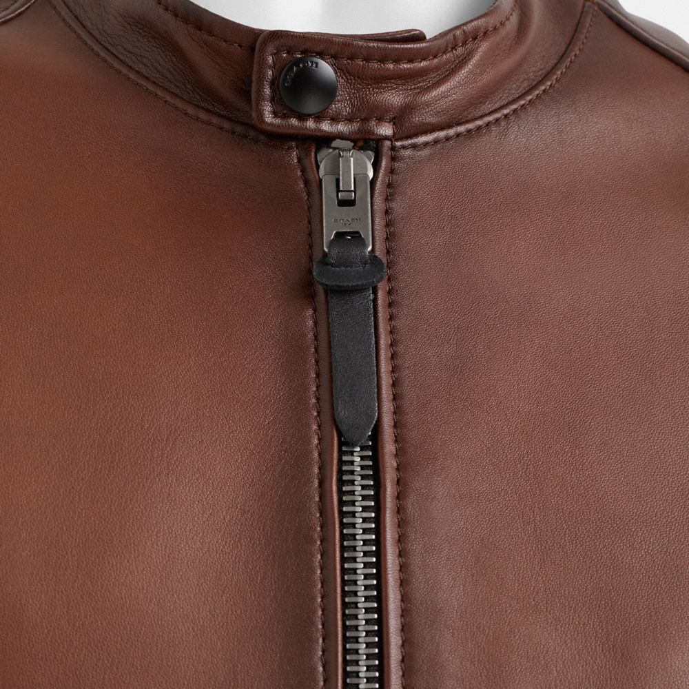 COACH®,Restored Leather Racer Jacket,Leather,Leather,Zipper,Sustainable,Casual,Brown,Scale View