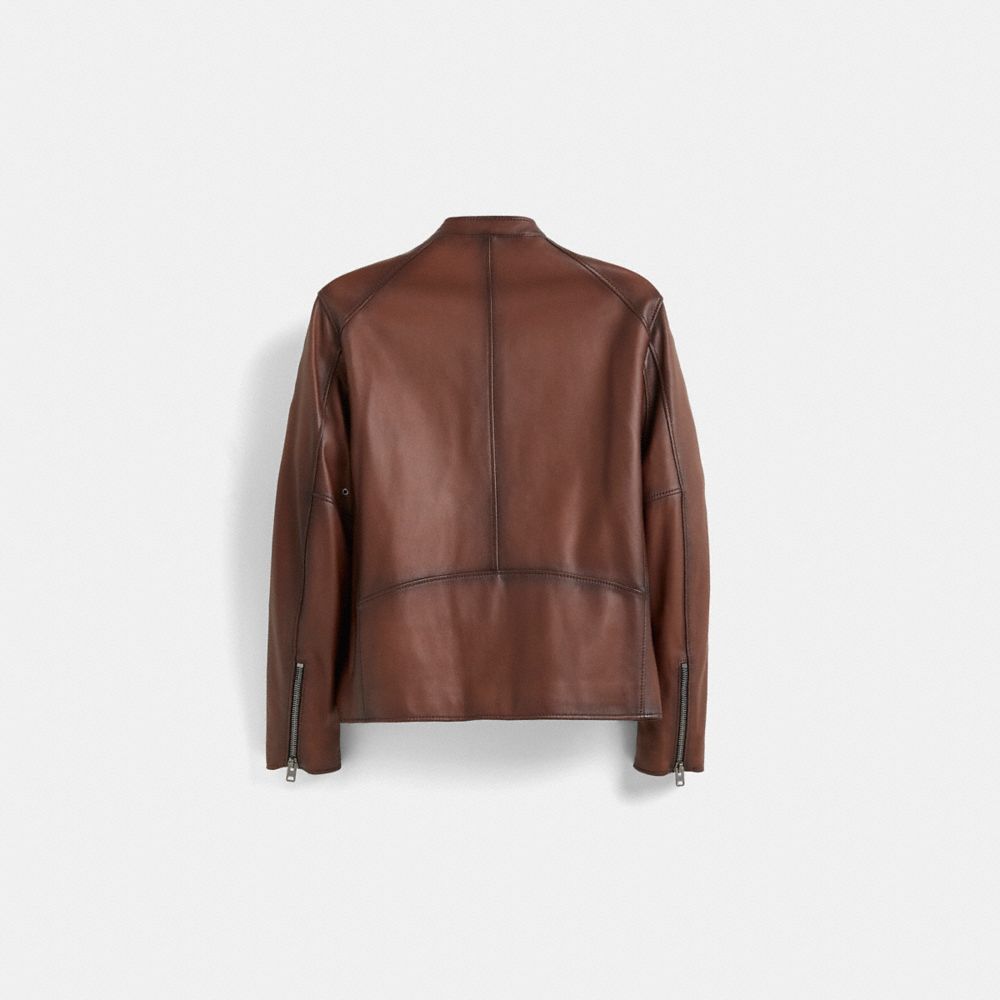 COACH®,Restored Leather Racer Jacket,Leather,Leather,Zipper,Sustainable,Casual,Brown,Back View