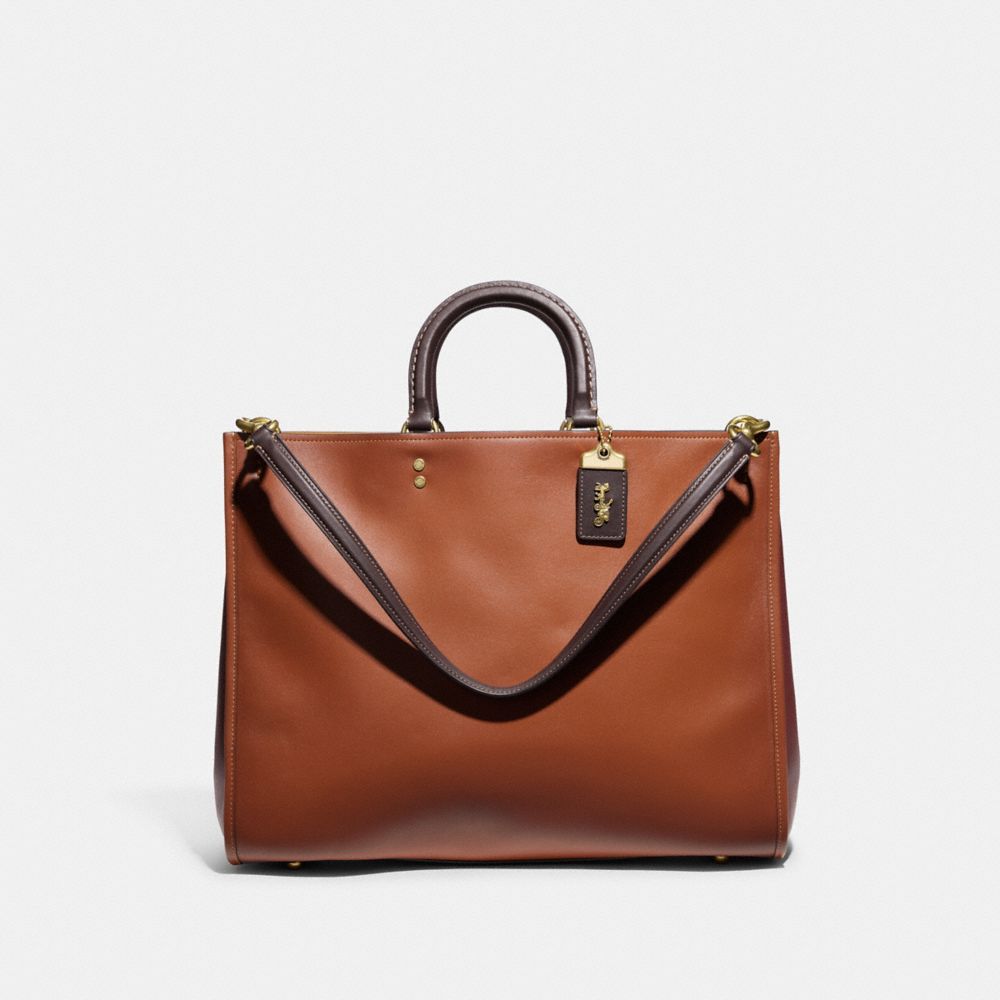 COACH®,Rogue Bag 39 In Colorblock,Leather,Satchel,Logo,Metal,Gusset,Work,Brown,Front View