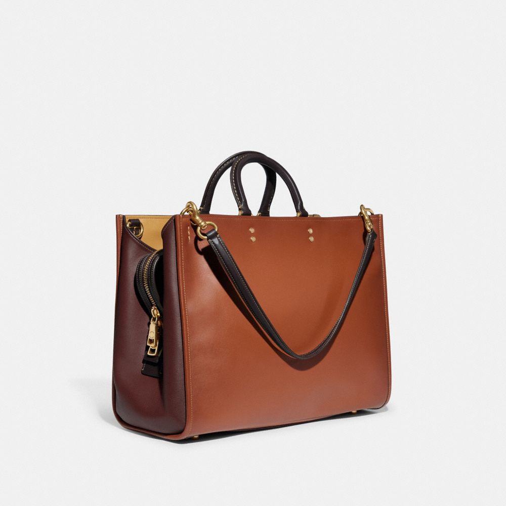COACH®,Rogue Bag 39 In Colorblock,Leather,Satchel,Logo,Metal,Gusset,Work,Brown,Angle View