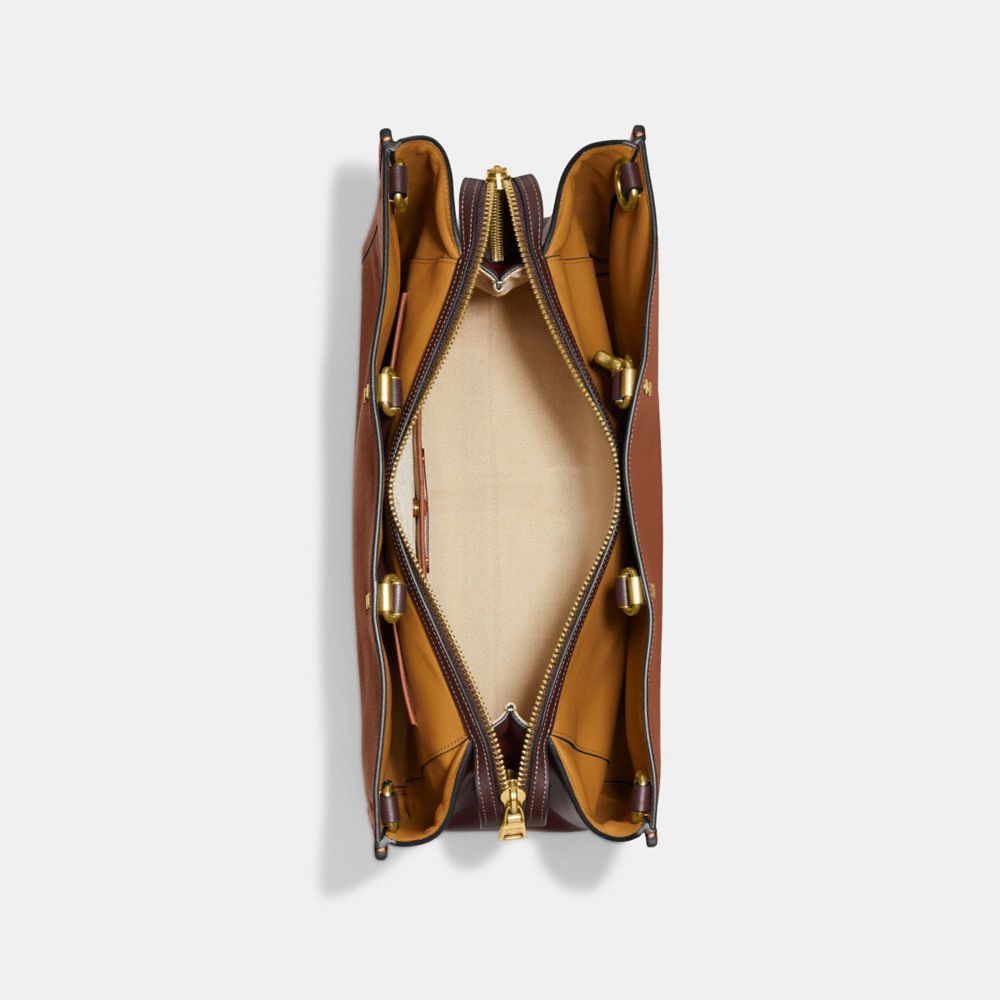COACH®,Rogue Bag 39 In Colorblock,Leather,Satchel,Logo,Metal,Gusset,Work,Brown,Inside View,Top View