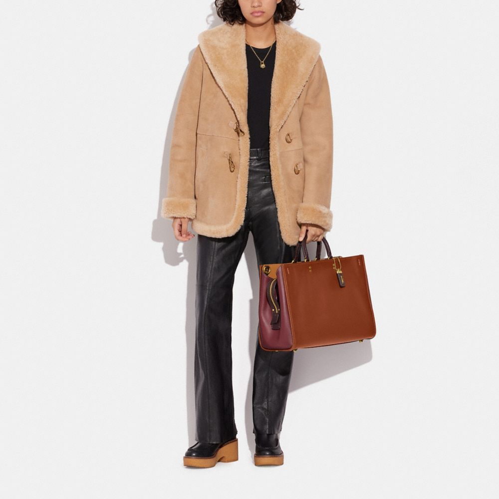 COACH®,Rogue Bag 39 In Colorblock,Leather,Satchel,Logo,Metal,Gusset,Work,Brown,Detail View