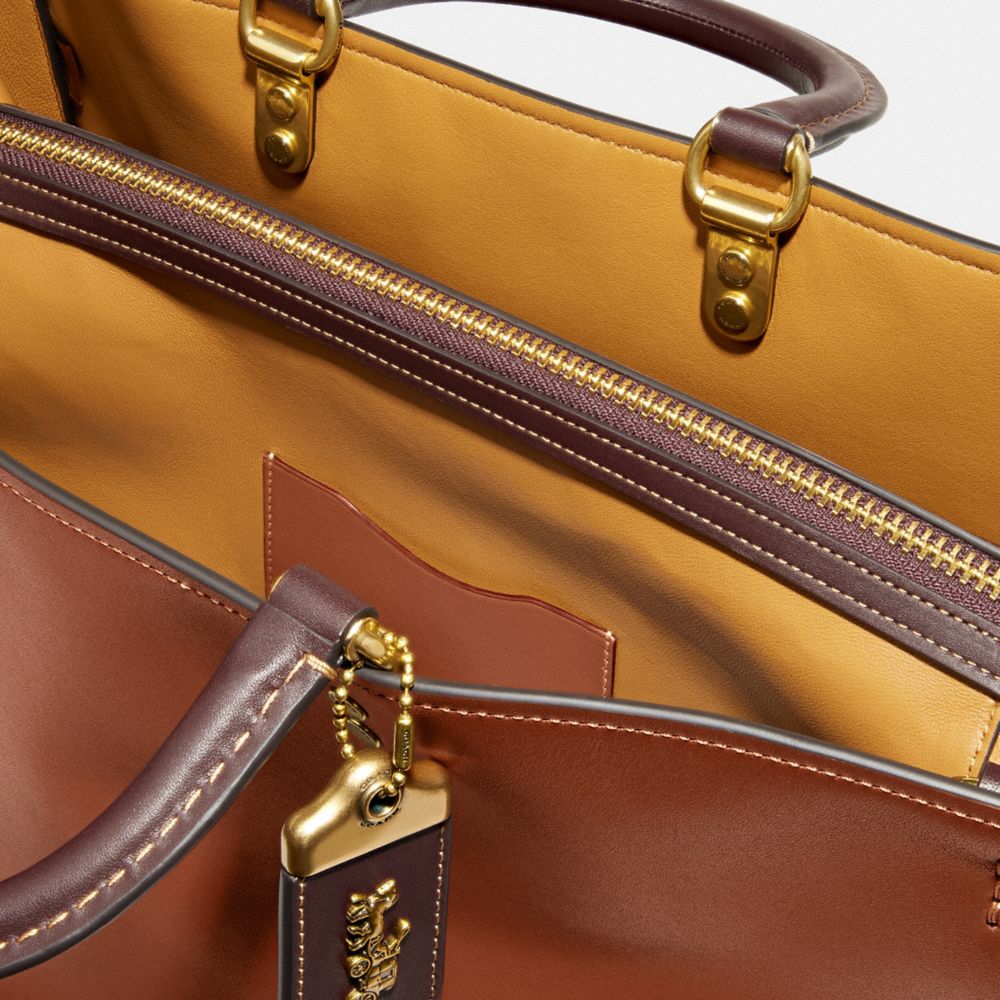 COACH®,Rogue Bag 39 In Colorblock,Leather,Satchel,Logo,Metal,Gusset,Work,Brown,Closer View