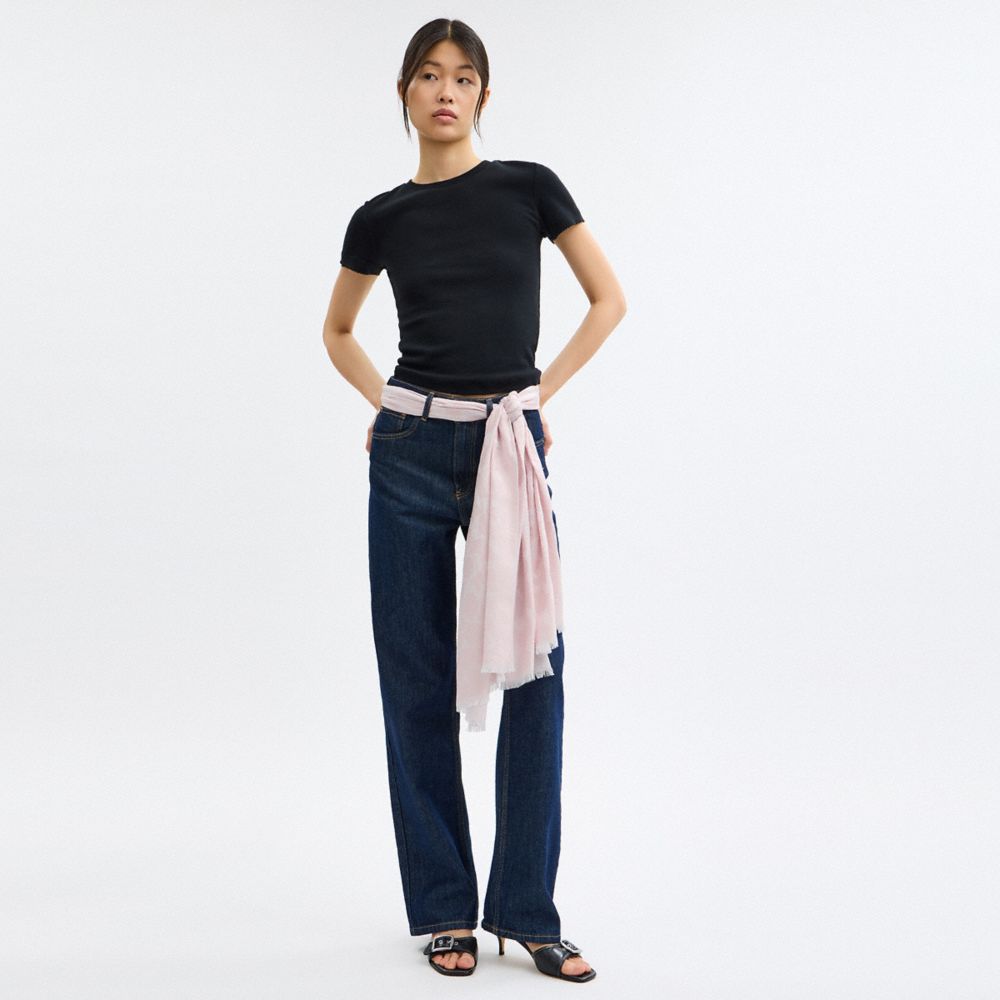 COACH®,Signature Stole,Silk,Cotton,Rectangle,Frayed,Casual,Pink,Detail View