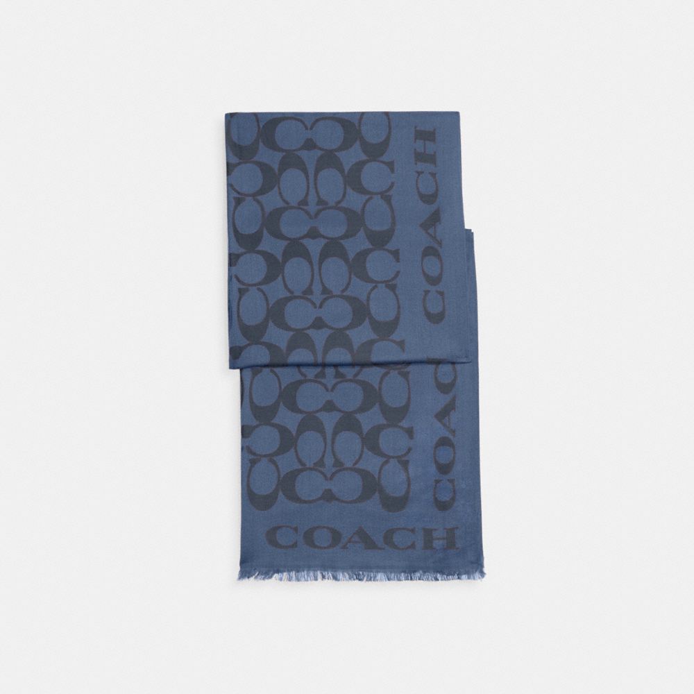COACH®,Signature Stole,Silk,Cotton,Rectangle,Frayed,Casual,Blue,Front View