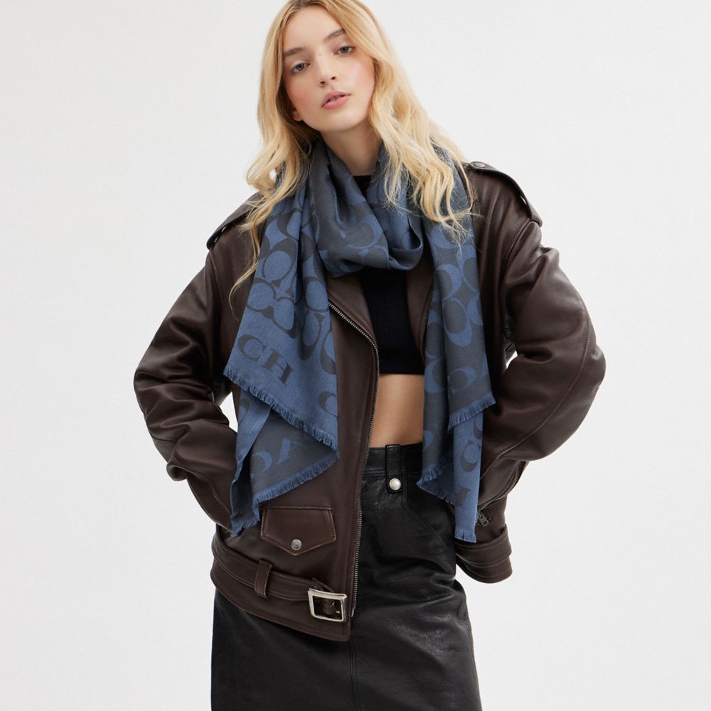 COACH®,Signature Stole,Silk,Cotton,Rectangle,Frayed,Casual,Blue,Detail View