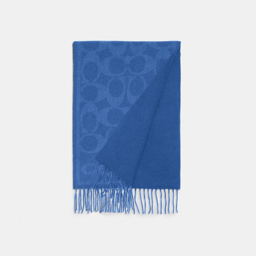 COACH®,Reversible Signature Cashmere Muffler,Cashmere,Rectangle,Fringe,Reversible,Casual,Blue,Front View