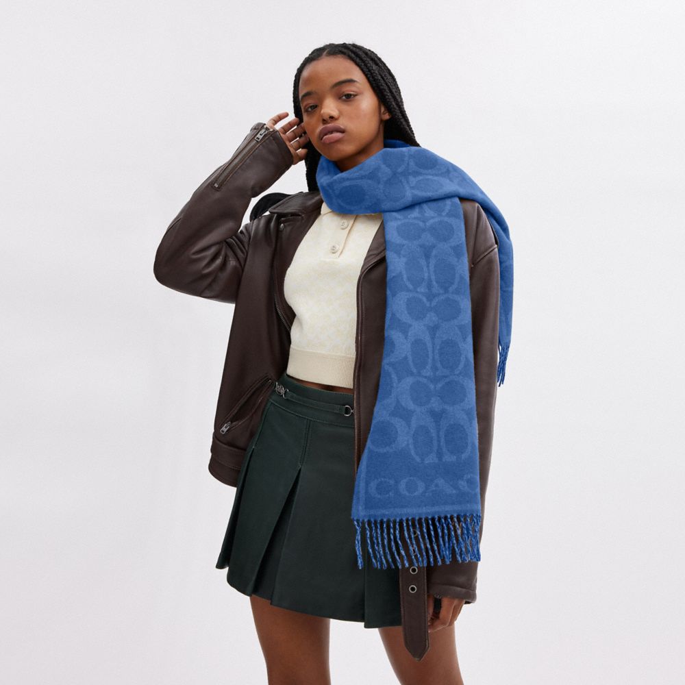 COACH®,Reversible Signature Cashmere Muffler,Cashmere,Rectangle,Fringe,Reversible,Casual,Blue,Detail View