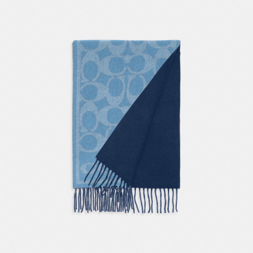 COACH®,Reversible Signature Cashmere Muffler,Cashmere,Rectangle,Fringe,Reversible,Casual,Blue