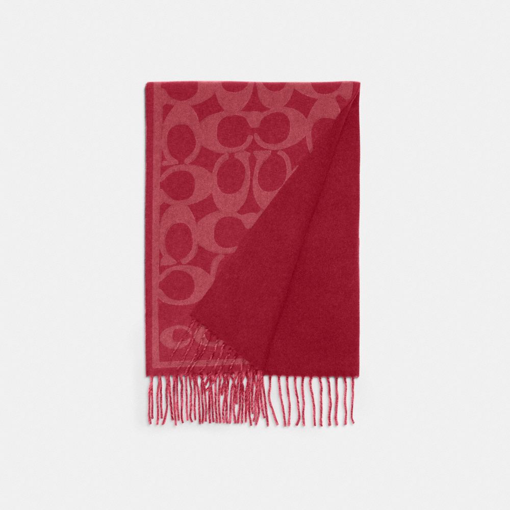 COACH®,Reversible Signature Cashmere Muffler,Cashmere,Rectangle,Fringe,Reversible,Casual,Red,Front View