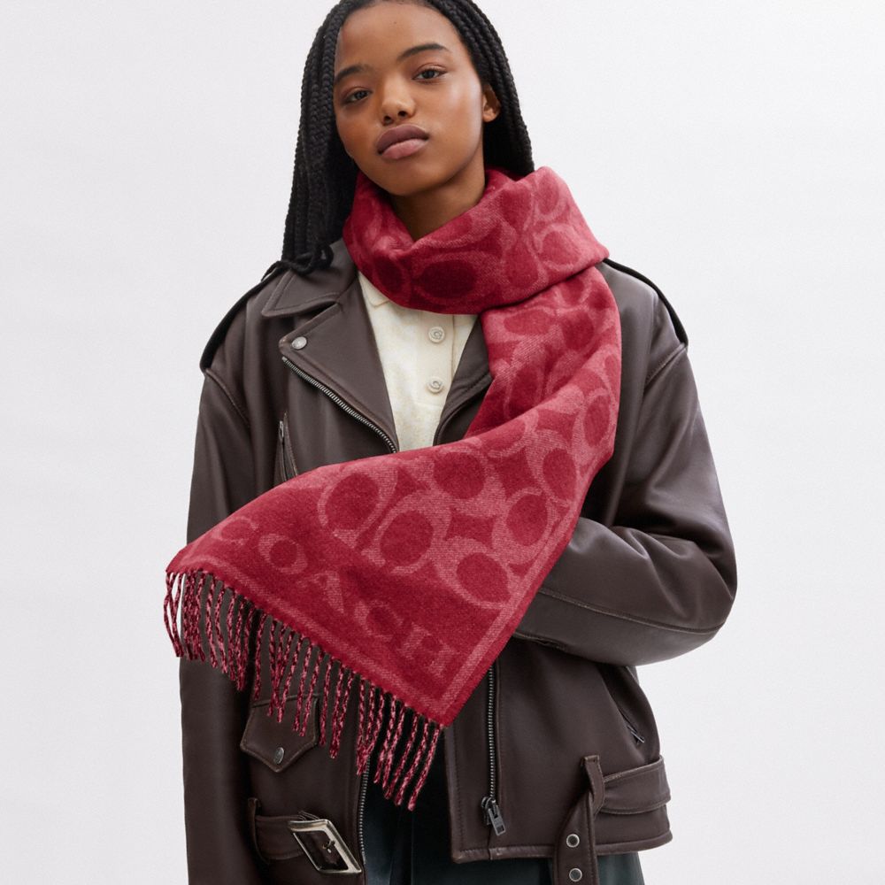 COACH®,Reversible Signature Cashmere Muffler,Cashmere,Rectangle,Fringe,Reversible,Casual,Red,Detail View