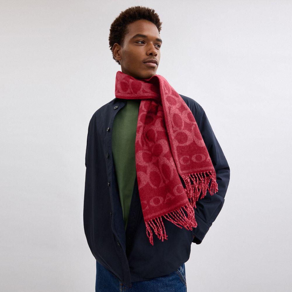 COACH®,Reversible Signature Cashmere Muffler,Cashmere,Rectangle,Fringe,Reversible,Casual,Red,Angle View