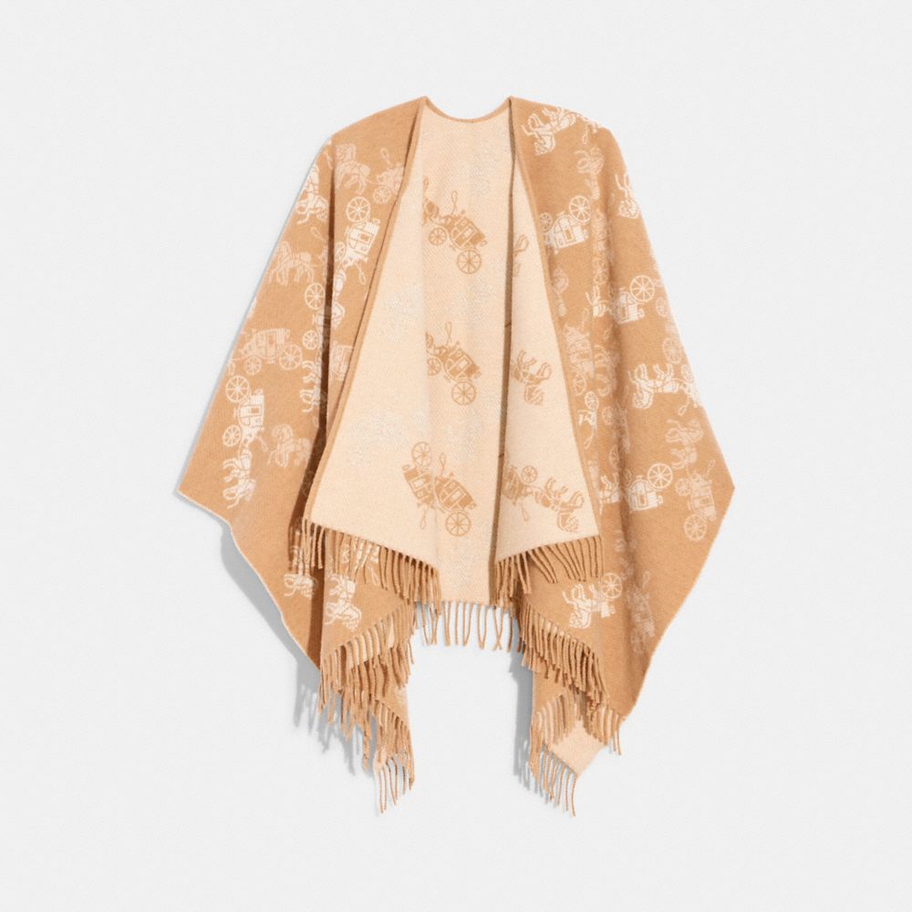 COACH®,Reversible Horse And Carriage Poncho,Wool,Cape,Fringe,Reversible,Casual,Beige