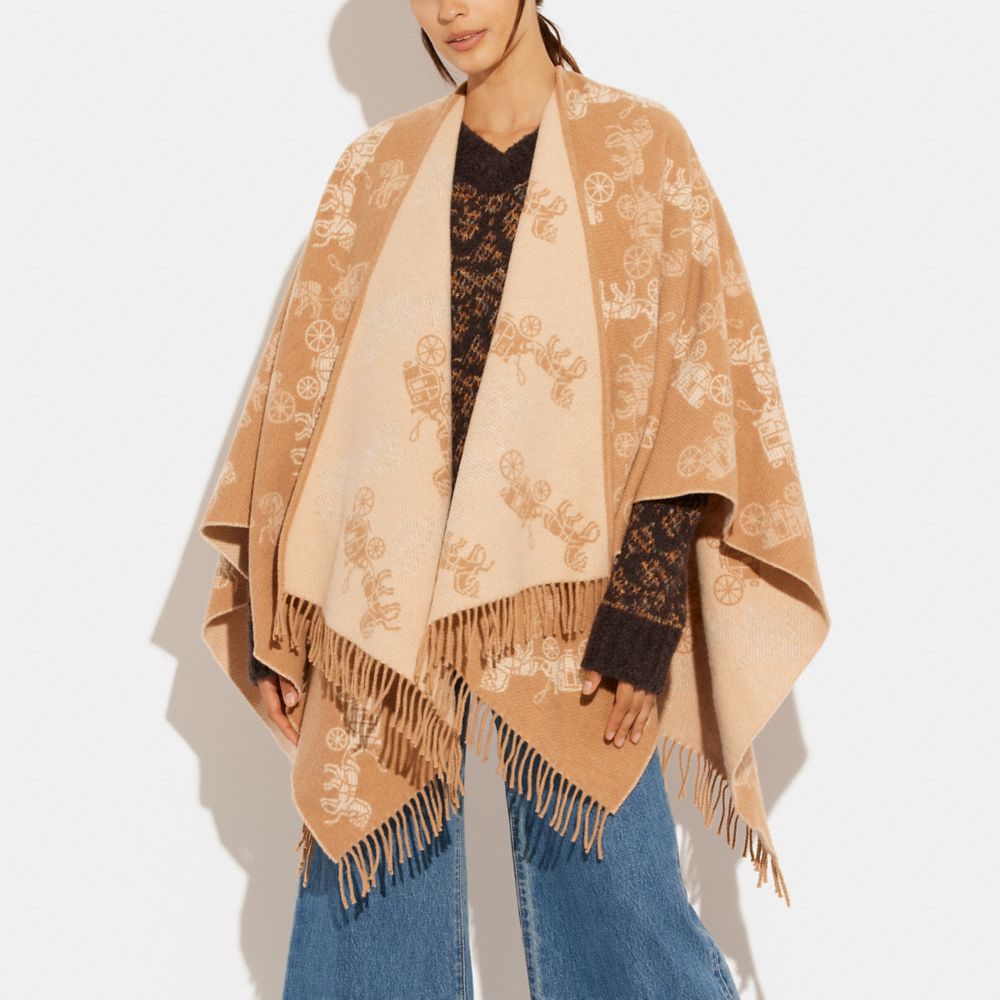 COACH®,Reversible Horse And Carriage Poncho,Wool,Cape,Fringe,Reversible,Casual,Beige,Detail View