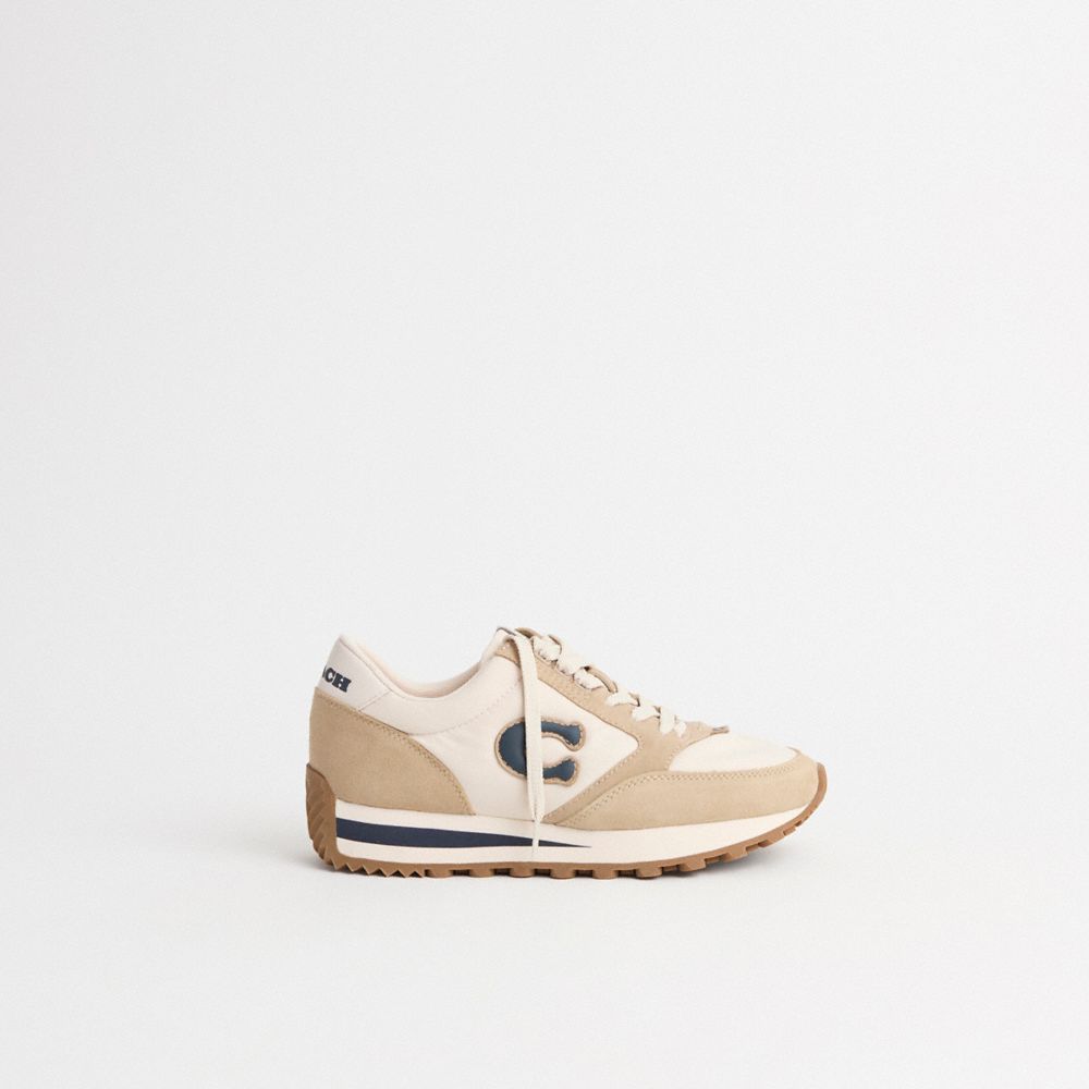 COACH®,Restored Runner Sneaker,Suede,Casual,Fabric,Logo,Mixed Media,Color Block,Pull Tab,Sustainable,Casual,Beige,Front View