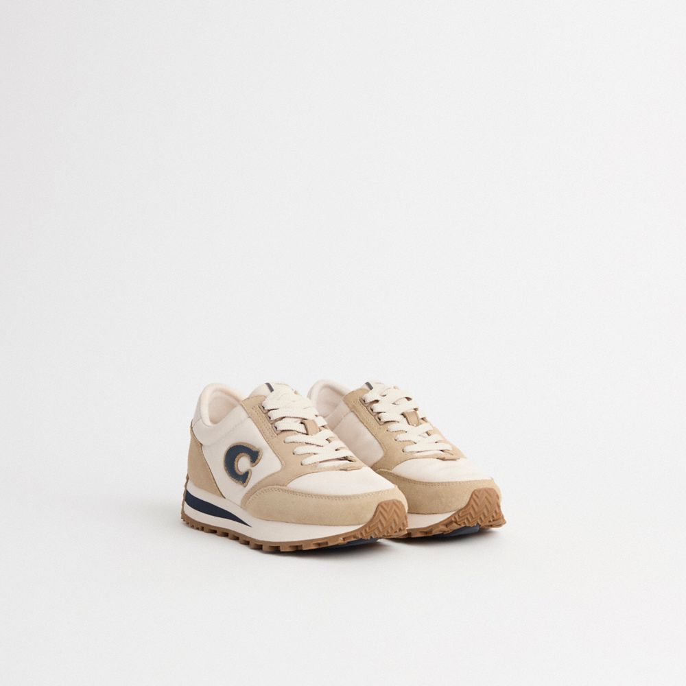 COACH®,Restored Runner Sneaker,Suede,Casual,Fabric,Logo,Mixed Media,Color Block,Pull Tab,Sustainable,Casual,Beige,Angle View