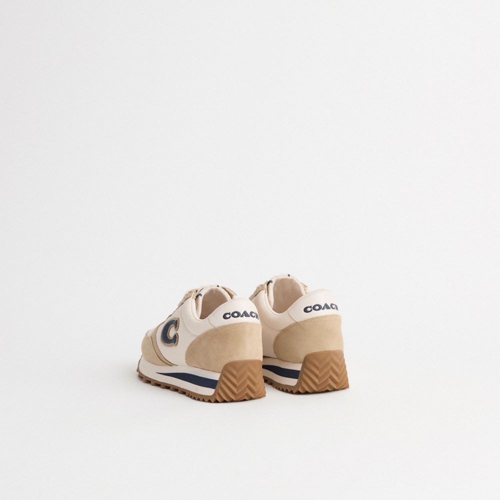 COACH®,Restored Runner Sneaker,Suede,Casual,Fabric,Logo,Mixed Media,Color Block,Pull Tab,Sustainable,Casual,Beige,Back View