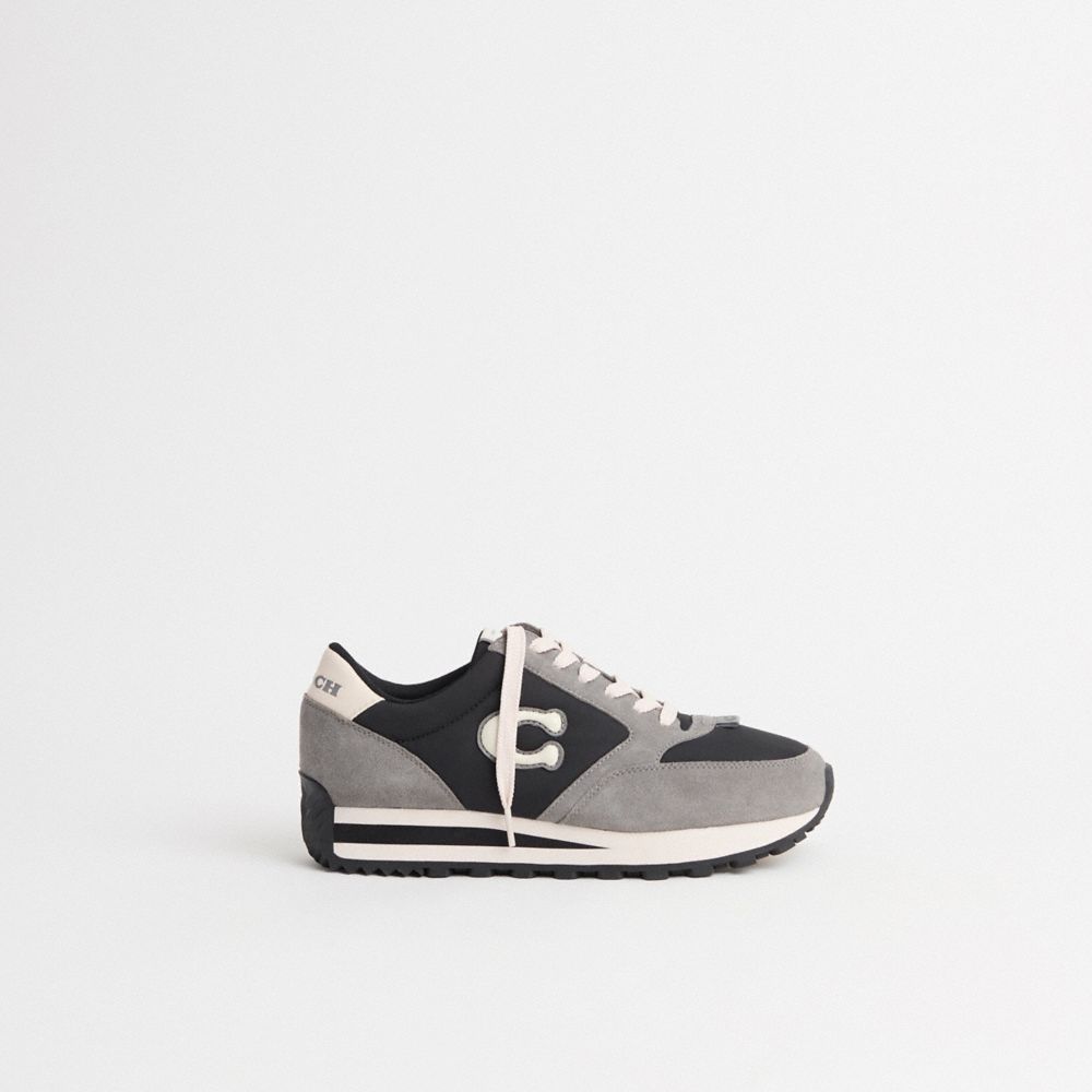 COACH®,Restored Runner Sneaker,Suede,Casual,Fabric,Logo,Mixed Media,Color Block,Pull Tab,Sustainable,Casual,Multi Color,Front View