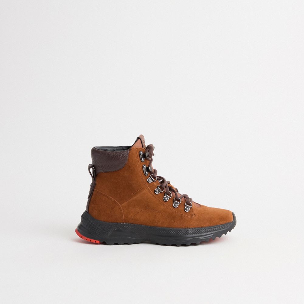 COACH®,Restored Coach City Hiker Boot,Rubber,Suede,Hiking,Color Block,Traction,Ripstop,Outdoor,Hiking,Brown,Front View