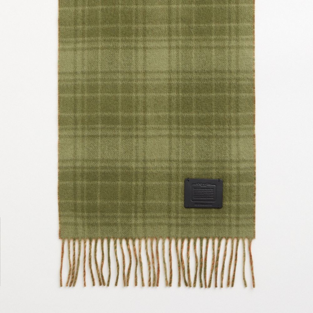 COACH®,Restored Double Plaid Print Muffler,Wool,Rectangle,Logo,Fringe,Reversible,Work,Multi Color,Closer View