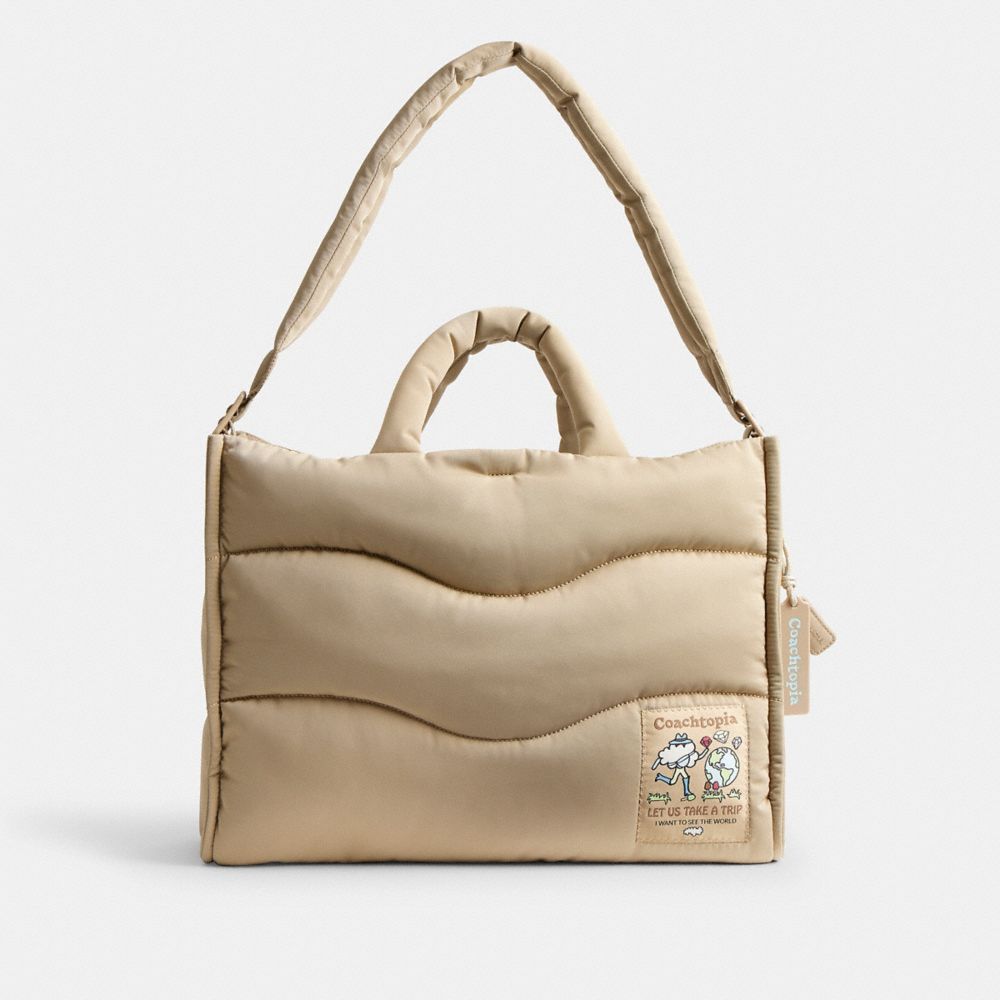 COACH®,Coachtopia Loop Tote With Wavy Quilting,Recycled Polyester,Tote,Tag Embellishment,Adjustable,Casual,Beige,Front View