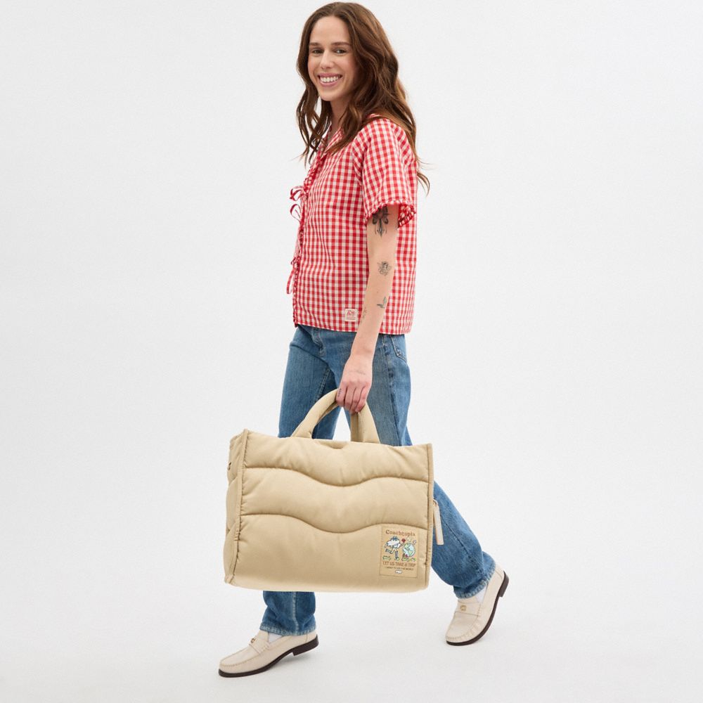 COACH®,Coachtopia Loop Tote With Wavy Quilting,Recycled Polyester,Tote,Tag Embellishment,Adjustable,Casual,Beige,Detail View