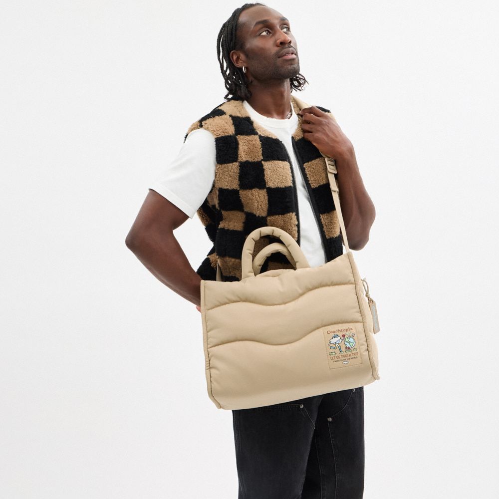 COACH®,Coachtopia Loop Tote With Wavy Quilting,Recycled Polyester,Tote,Tag Embellishment,Adjustable,Casual,Beige,Detail View