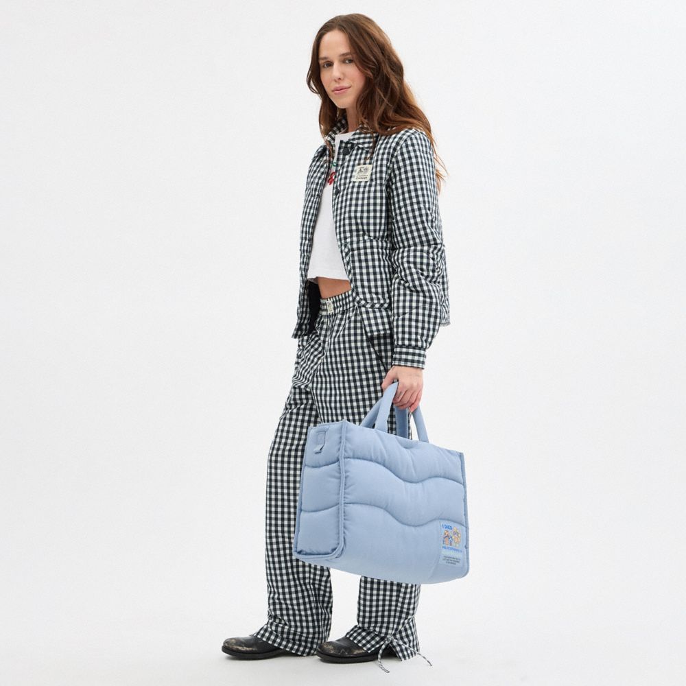 COACH®,Coachtopia Loop Tote With Wavy Quilting,Recycled Polyester,Tote,Tag Embellishment,Adjustable,Casual,Blue,Detail View