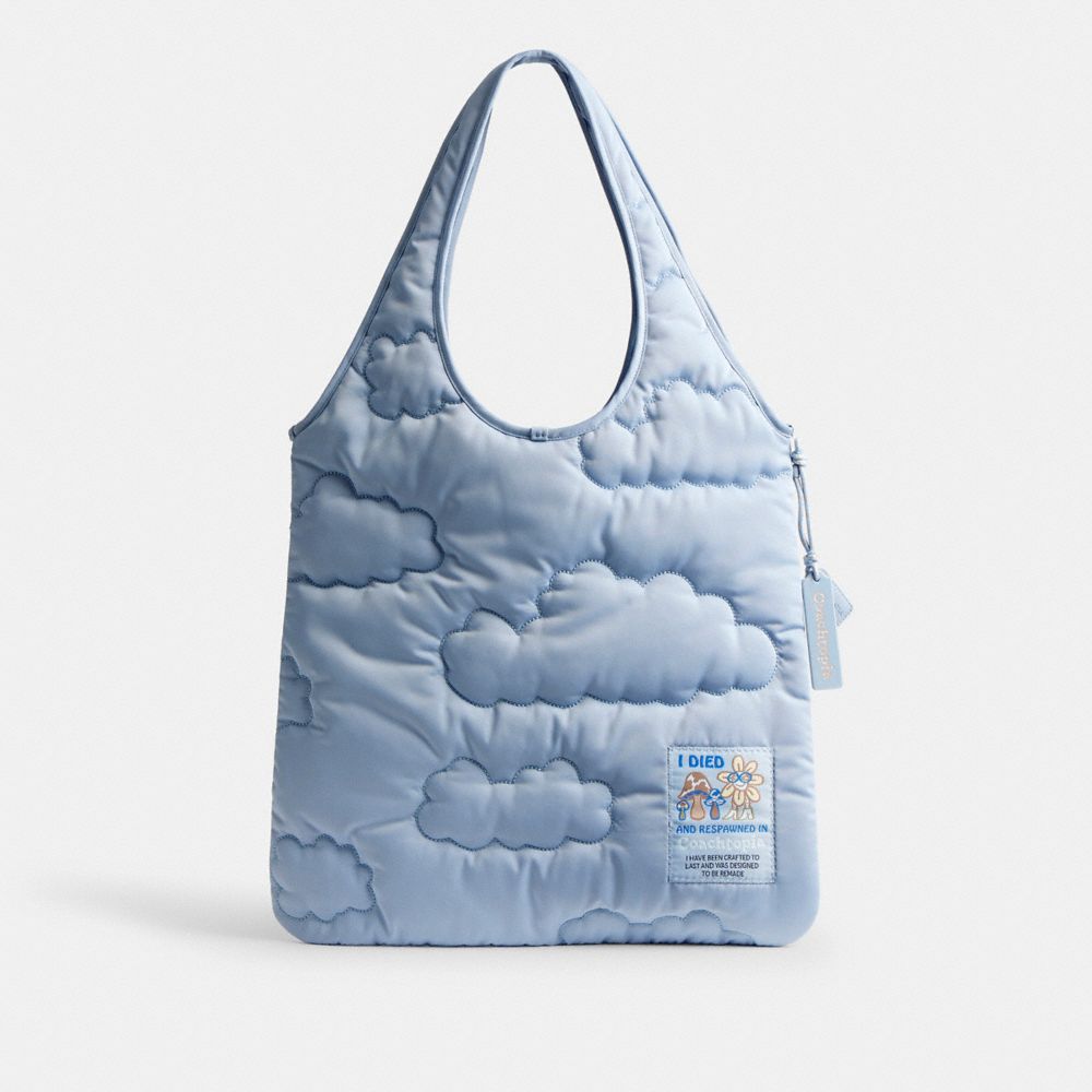 COACH®,Coachtopia Loop Flat Tote In Recycled Polyester With Cloud Quilting,Recycled Polyester,Tote,Tag Embellishment,Compa...,Blue,Front View