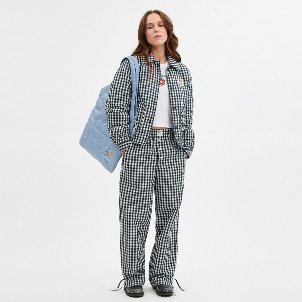 COACH®,Coachtopia Loop Flat Tote In Recycled Polyester With Cloud Quilting,Recycled Polyester,Tote,Tag Embellishment,Compa...,Blue,Detail View