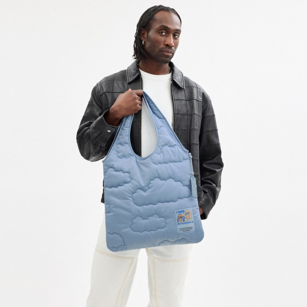 COACH®,Coachtopia Loop Flat Tote In Recycled Polyester With Cloud Quilting,Recycled Polyester,Tote,Tag Embellishment,Compa...,Blue,Detail View