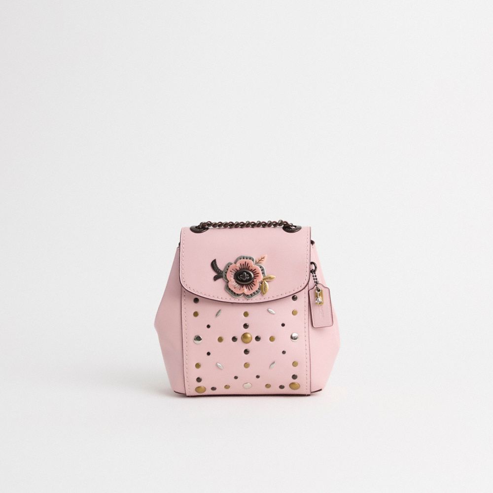 COACH®,Upcrafted Parker Convertible Backpack 16 With Tea Rose Stones,Leather,Crossbody,Metal Material,Applique,Studded,Sus...,Pink,Front View