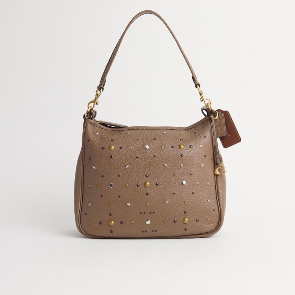 COACH®,Upcrafted Cary Shoulder Bag,Leather,Shoulder Bag,Embellished,Logo,Studded,Expandable,Gusset,Set,Vegan,Mixed Metal,C...,Brown,Front View