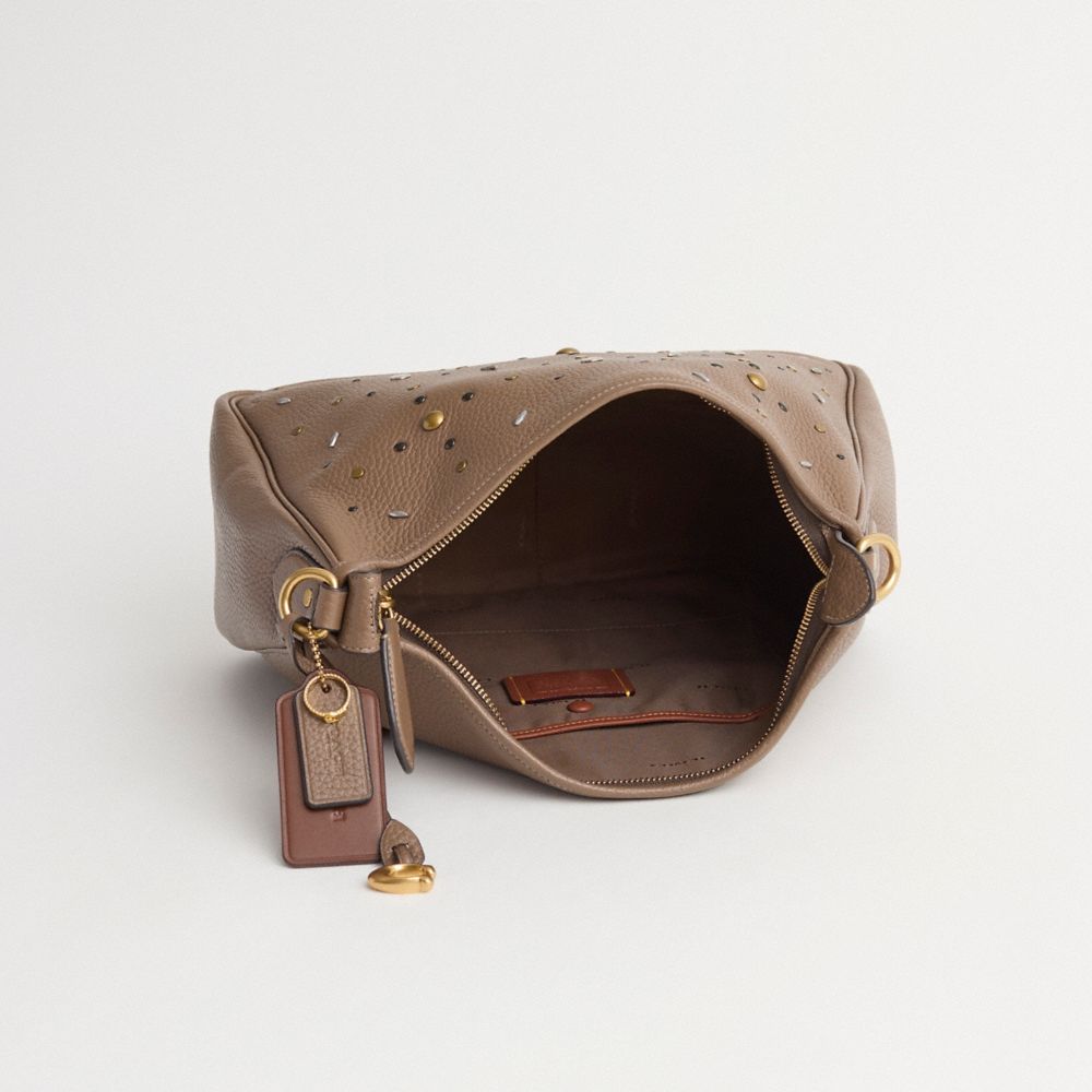 COACH®,Upcrafted Cary Shoulder Bag,Leather,Shoulder Bag,Embellished,Logo,Studded,Expandable,Gusset,Set,Vegan,Mixed Metal,C...,Brown,Inside View,Top View