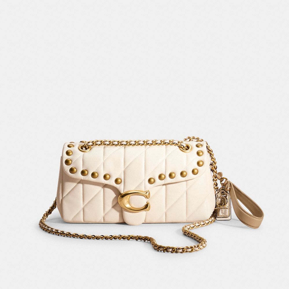 COACH®,Upcrafted Tabby Shoulder Bag 26 With Quilting,Crossbody,Logo,Studded,Compact,Set,Gold Metal,Day Party,Casual,Cream,Front View