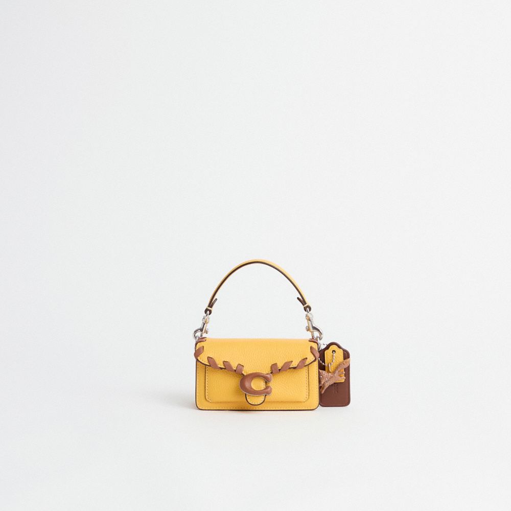 COACH®,Upcrafted Tabby Bag 12,Leather,Crossbody,Logo,Whipstitch,Set,Gusset,Pen Holder,Sustainable,Silver Metal,Casual,Mustard,Front View