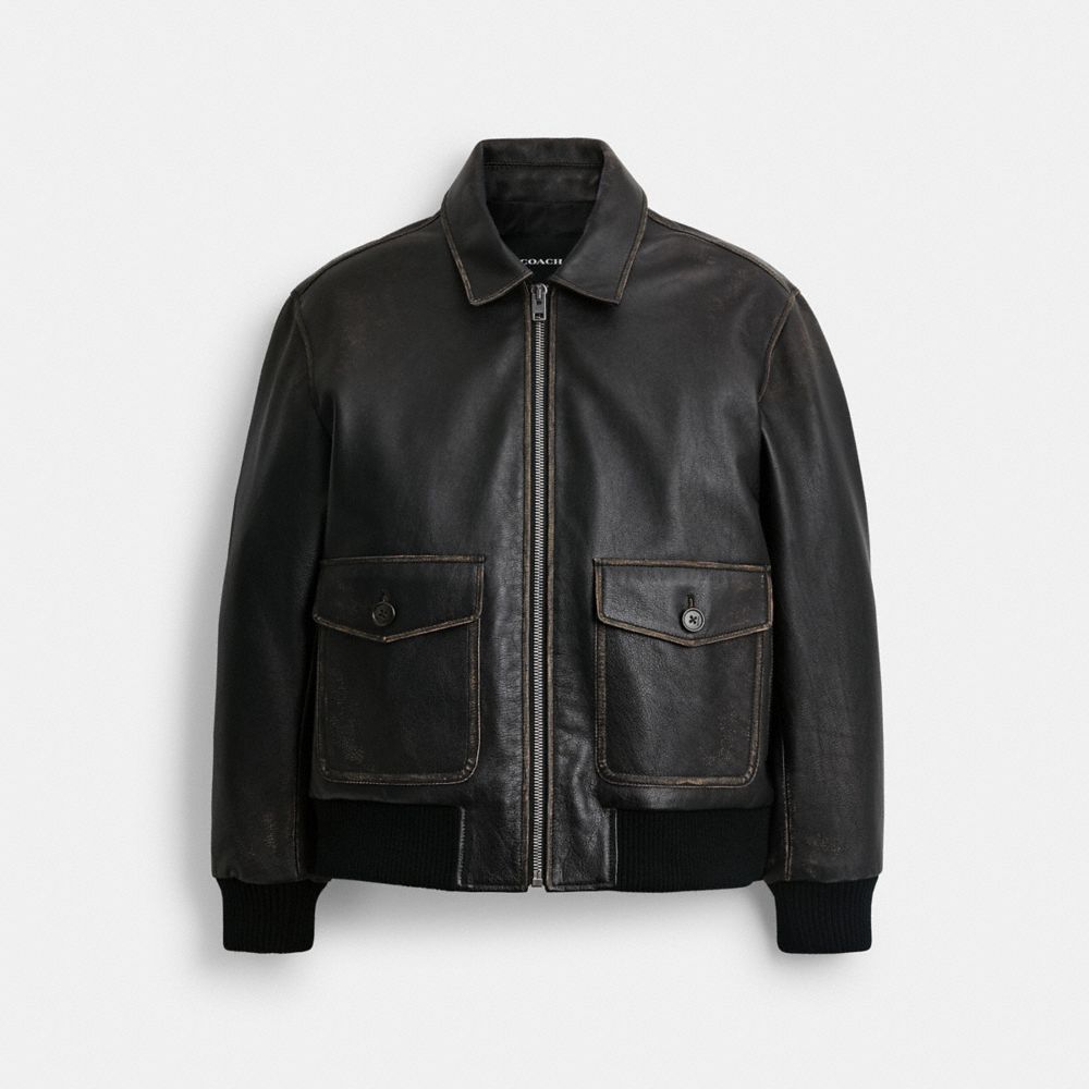 COACH®,Loved Leather Bomber Jacket,Leather,Acrylic,Polyester,Leather,Bomber,Lined,Casual,Black,Front View