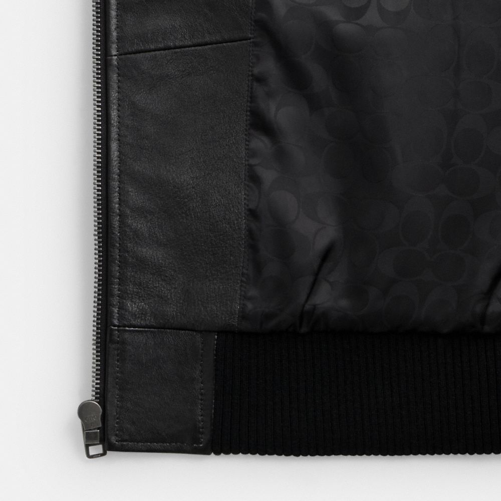 COACH®,Loved Leather Bomber Jacket,Leather,Acrylic,Polyester,Leather,Bomber,Lined,Casual,Black,Inside View,Top View