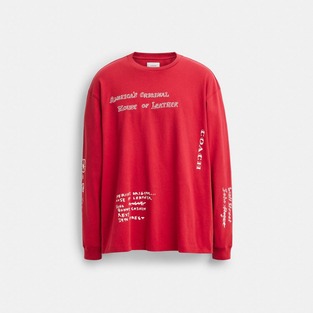 COACH®,Sketch Horse And Carriage Long Sleeve T Shirt In Organic Cotton,Organic Cotton,T Shirt,Logo,Eco-Friendly,Sustainabl...,Red,Front View