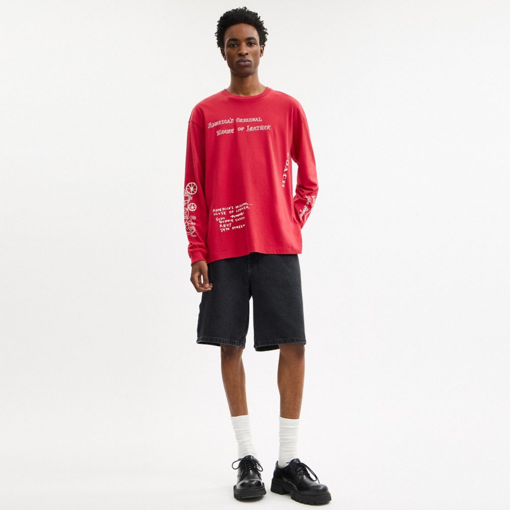 COACH®,Sketch Horse And Carriage Long Sleeve T Shirt In Organic Cotton,Organic Cotton,T Shirt,Logo,Eco-Friendly,Sustainabl...,Red,Scale View