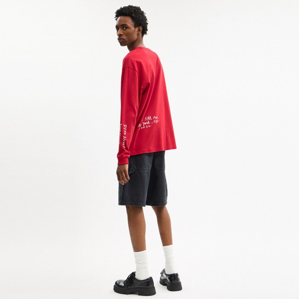 COACH®,Sketch Horse And Carriage Long Sleeve T Shirt In Organic Cotton,Organic Cotton,T Shirt,Logo,Eco-Friendly,Sustainabl...,Red,Scale View