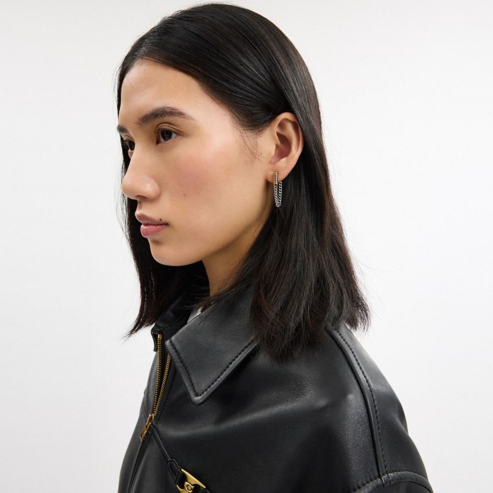 COACH®,Quilted Signature Bead Chain Earrings,Dangle Earring,Ear Jacket,Cubic Zirconia,Metal Material,Logo,Casual,Black,Detail View