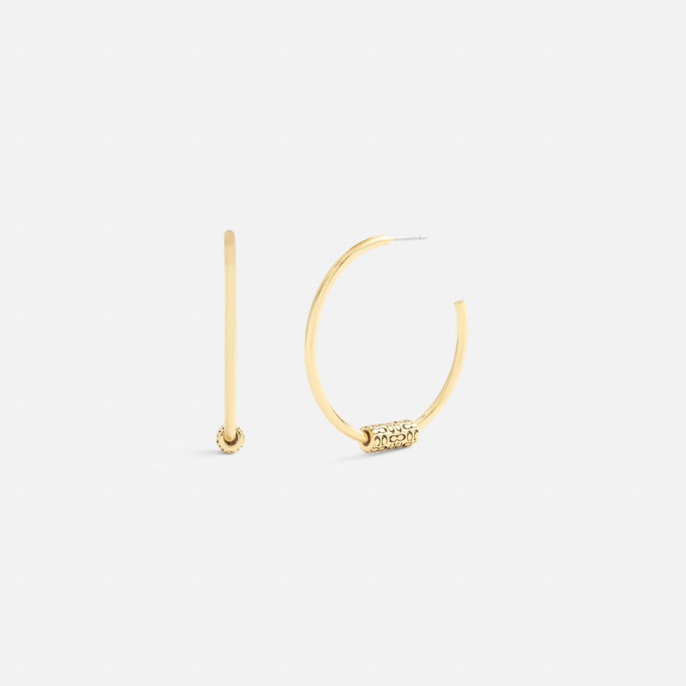 COACH®,Quilted Signature Bead Large Hoop Earrings,Hoops,Cubic Zirconia,Logo,Bead Embellishment,Day Party,Black,Front View