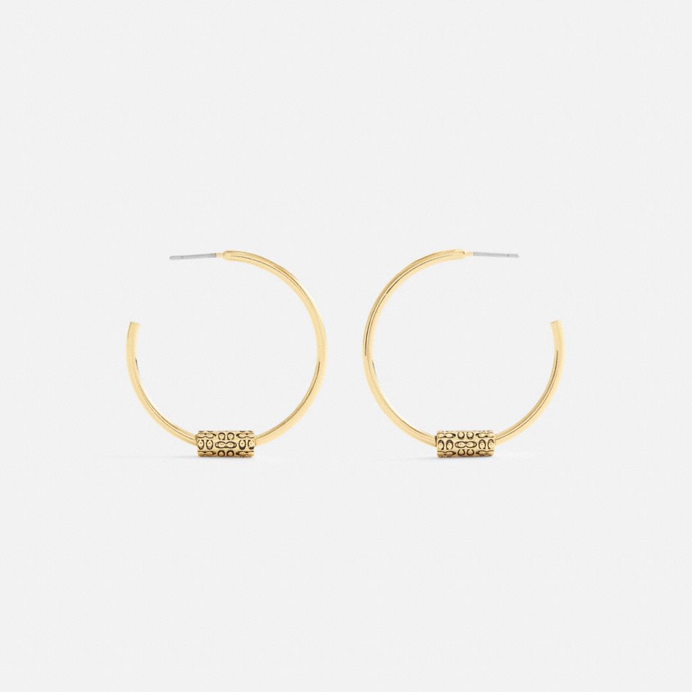 COACH®,Quilted Signature Bead Large Hoop Earrings,Hoops,Cubic Zirconia,Logo,Bead Embellishment,Day Party,Black,Inside View,Top View