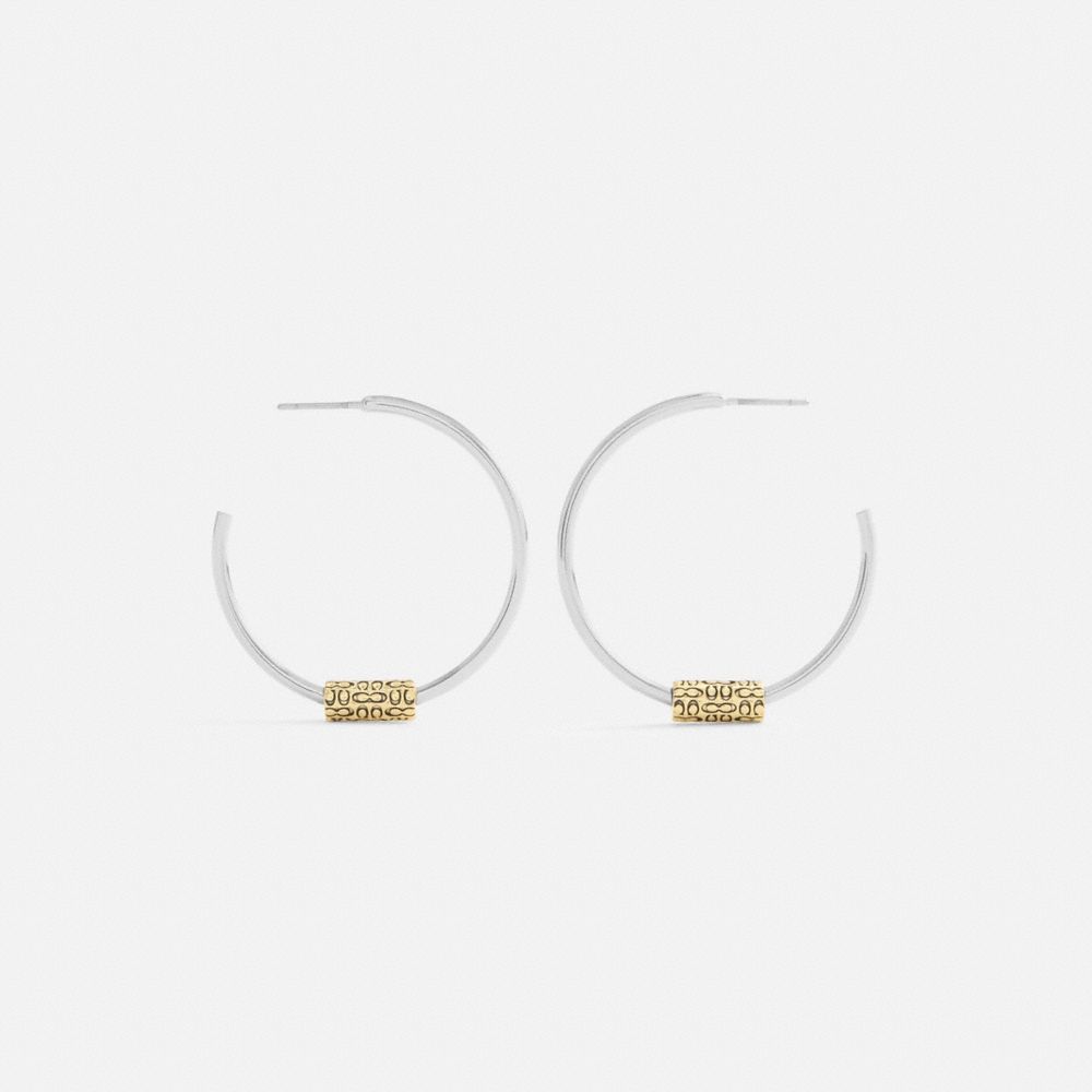 COACH®,Quilted Signature Bead Large Hoop Earrings,Hoops,Cubic Zirconia,Logo,Bead Embellishment,Casual,Black,Inside View,Top View