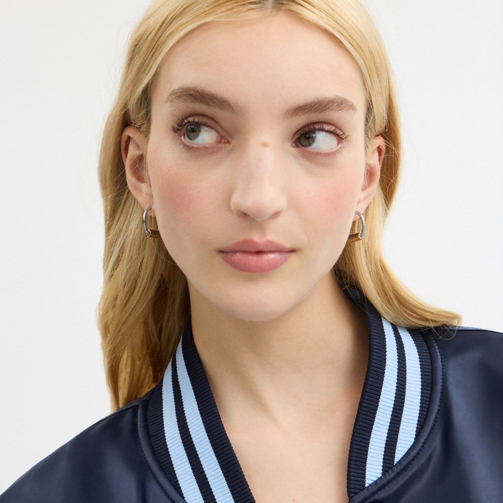 COACH®,Quilted Signature Bead Hoop Earrings,Huggies,Hoops,Cubic Zirconia,Logo,Bead Embellishment,Casual,Black,Detail View