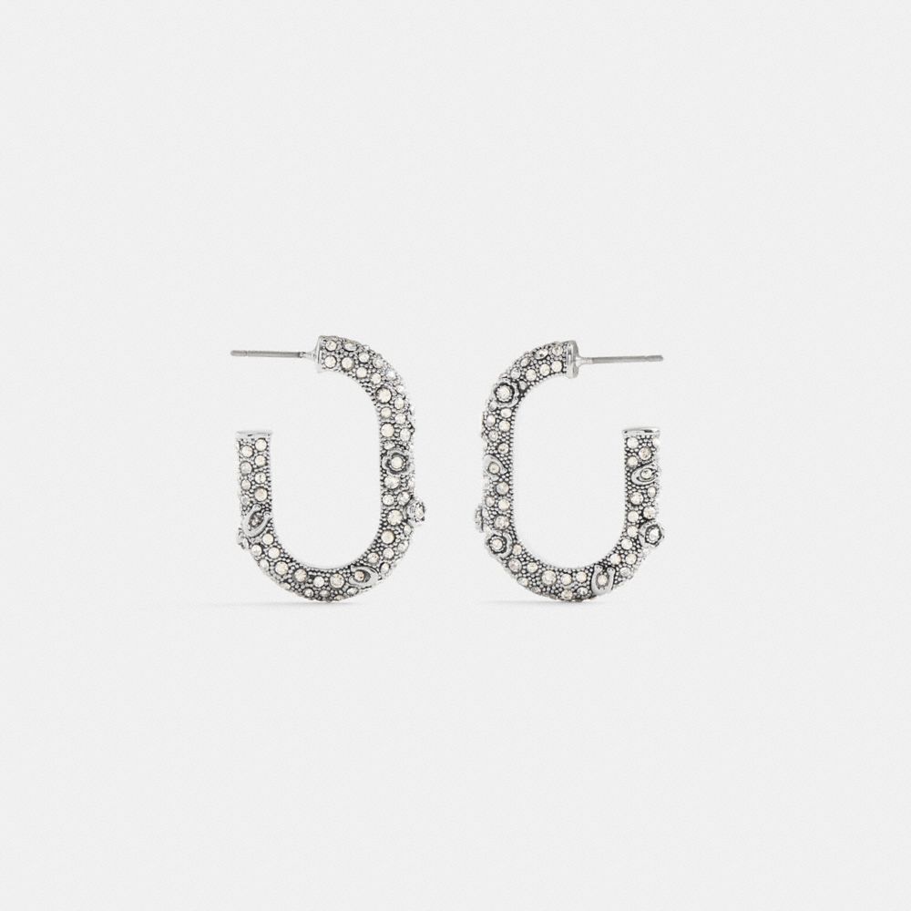 COACH®,Pavé Floral Oval Hoop Earrings,Hoops,Glass,Metal Material,Cubic Zirconia,Crystal,Gem Embellishment,Lettering Word,L...,Clear,Inside View,Top View
